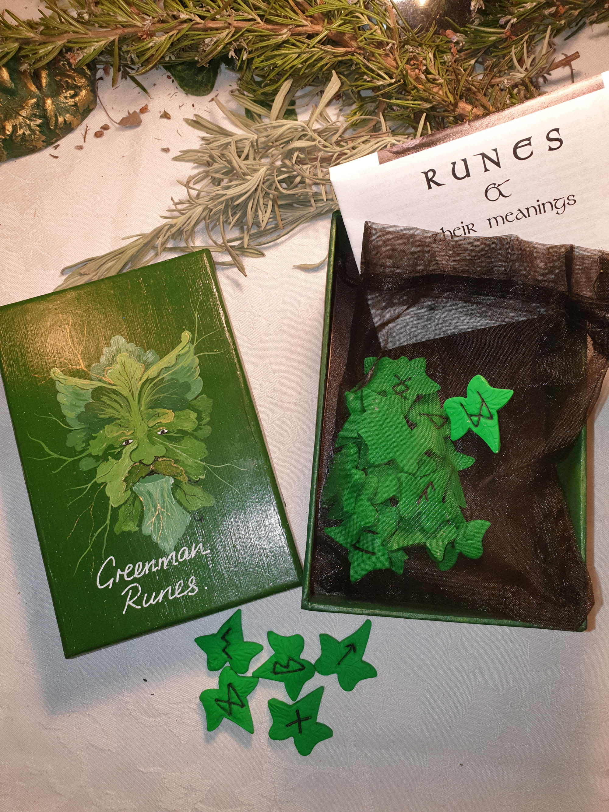 Pagan Village: Hand made green maple leaf stone futhark runes